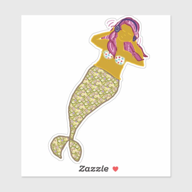 Adesivo Cabelo rosa, Dourada cauda Sereia Ouvindo Música (Folha)