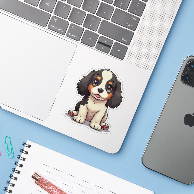 Adesivo Cachorrinho Adorável Cocker Spaniel – Estilo Chibi (Notebook com iPhone)