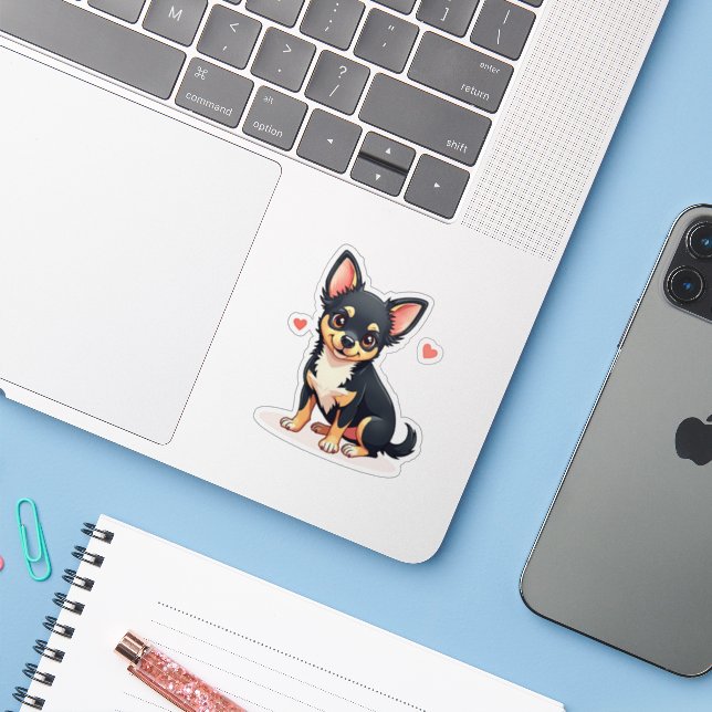 Adesivo Cachorrinho brincalhão de Chihuahua – Estilo Chibi (Notebook com iPhone)