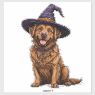 Adesivo Cachorro Adorável Vestindo Chapéu de Bruxo Roxo