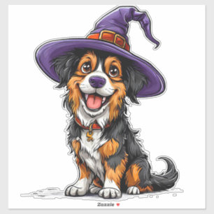 Adesivo Cachorro Adorável Vestindo Chapéu de Bruxo Roxo