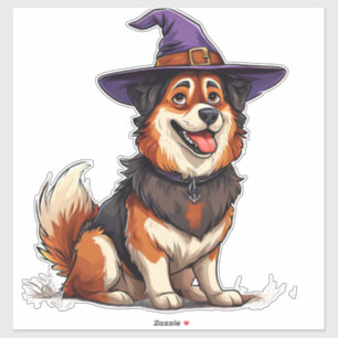 Adesivo Cachorro Adorável Vestindo Chapéu de Bruxo Roxo