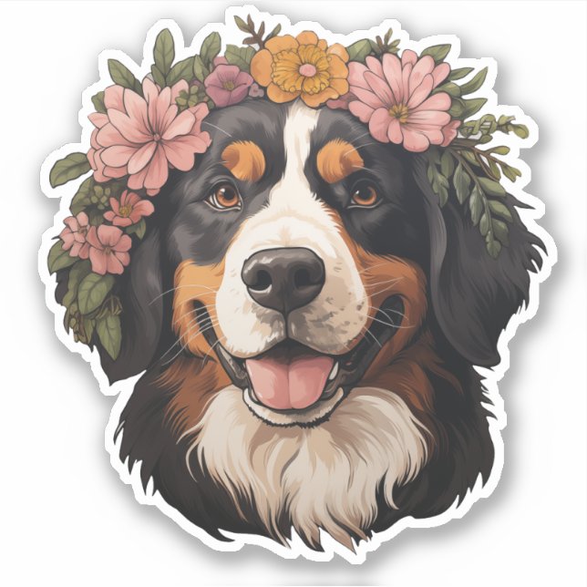 Adesivo Cachorro Bernese com Flores (Frente)