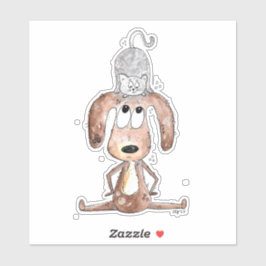 Adesivo Cachorro Branco Bonito com Gato na Cabeça