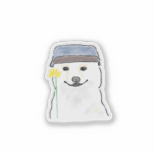 Adesivo Cachorro Branco Fofo Usando Chapéu Segurando Flor