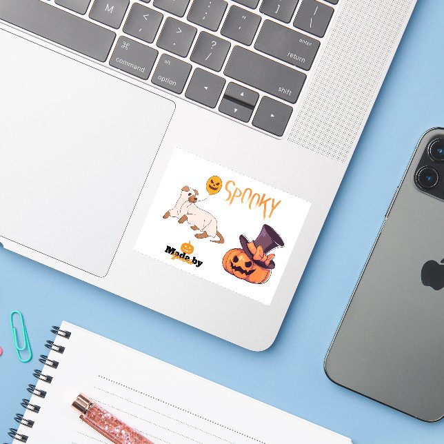 Adesivo Cachorro Fantasma e Abóbora Design - (Notebook com iPhone)