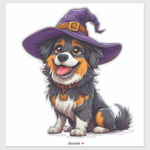 Adesivo Cachorro Feliz Usando um Chapéu de Bruxa