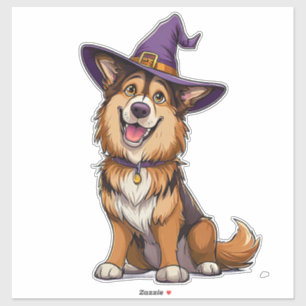 Adesivo Cachorro Feliz Usando um Chapéu de Bruxa