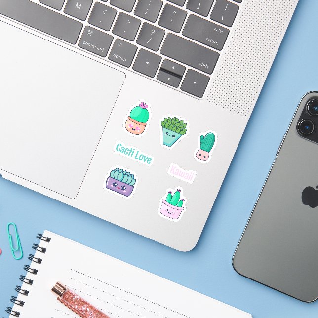 Adesivo Cactus Cute Kawaii (Notebook com iPhone)