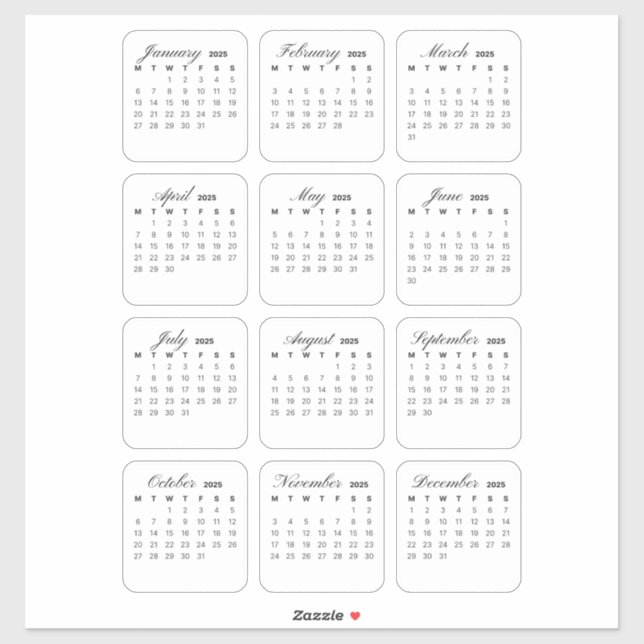 Adesivo Calendário Mínimo Simples 2025 Mensal (Folha)
