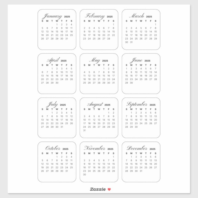 Adesivo Calendário Mínimo Simples 2025 Mensal (Folha)