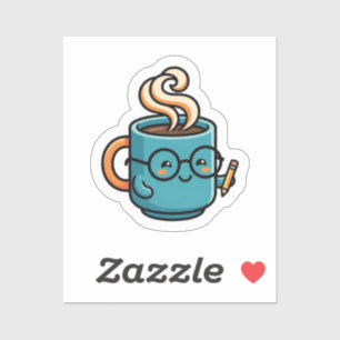 Adesivo Caneca de Café Fofa Kawaii Usando Óculos de Leitur