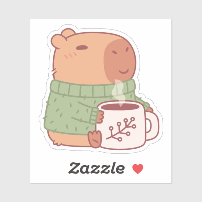 Adesivo Capivara Fofa Com Suéter e Café Quente (Folha)