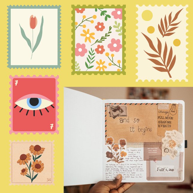 Adesivo Carimbo de carimbos flaorais, carta antiga (Pretty retro scrapbooking artwork, floral stamps and vintage scrapbook background, old letter)