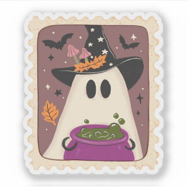 Adesivo Carimbo de Halloween Vintage Fantasma Bruxa & Cald (Frente)