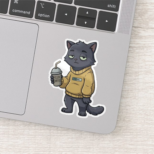 Adesivo Carregando Sticker de Gato Preto com Café Gelado I (Detalhe)