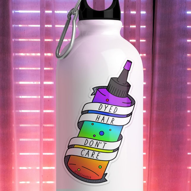 Adesivo Cartografia Engraçado com Cabelo Tinto (Sticker featuring a hair dye bottle with rainbow liquid, and banner says 'Dyed Hair Don't Care')