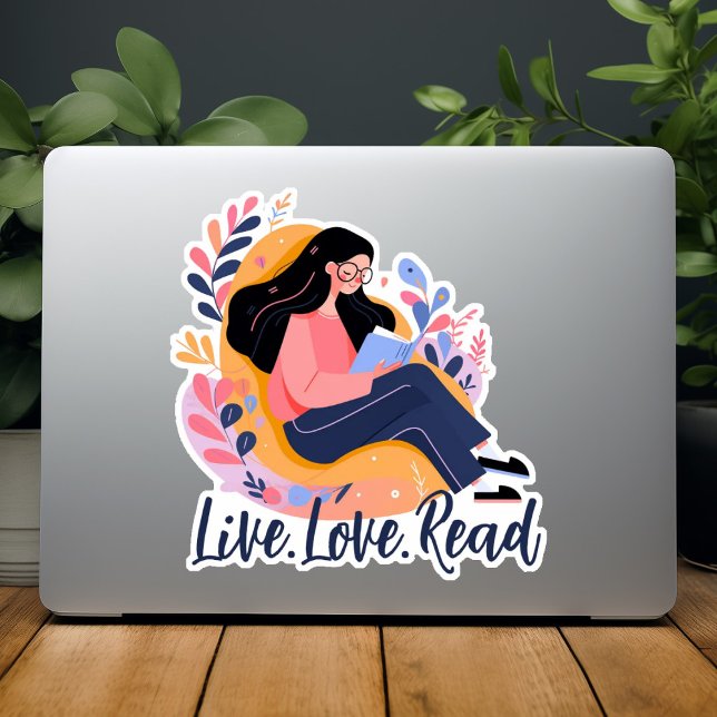 Adesivo Cartoon de uma mulher bonita lendo livro personali (Cartoon of Cute Woman Reading Book Custom Sticker)