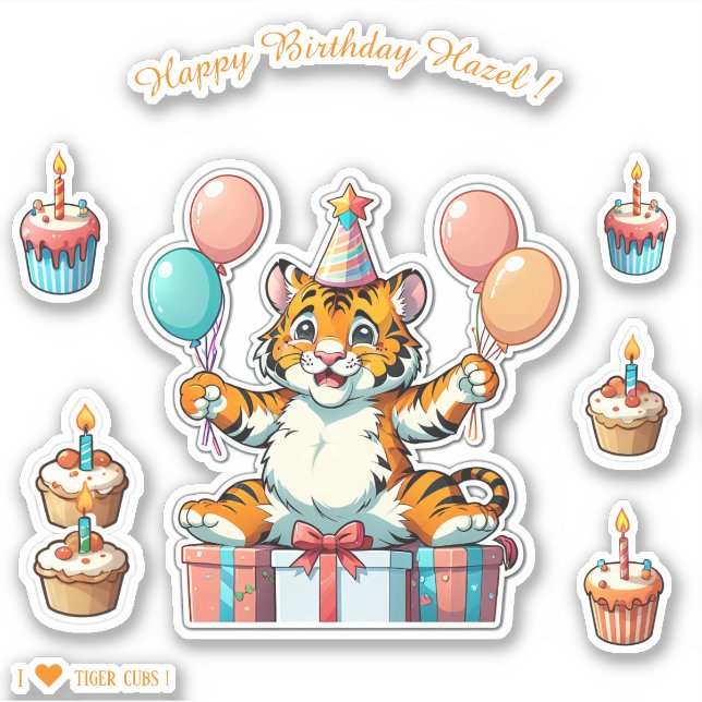 Adesivo Cartoon Tiger Cub - Feliz Aniversário Personalizad (Frente)