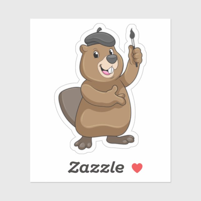 Adesivo Castor como Pintor com Pincel de Tinta (Folha)