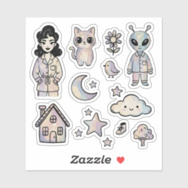 Adesivo Cat Alien Pinup Girl Cool Illustration Sticker Set