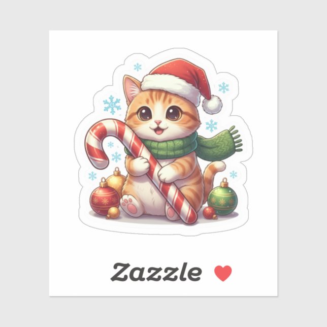 Adesivo Cat and Candy Cane Cute Christmas Holiday Sticker (Folha)