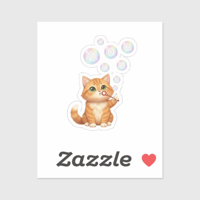 Adesivo  Cat Blowing Shiny Bubbles New Year 2026  (Folha)