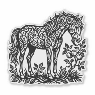 Adesivo Cavalo Ornamental Comendo Maçãs Silhueta Floral
