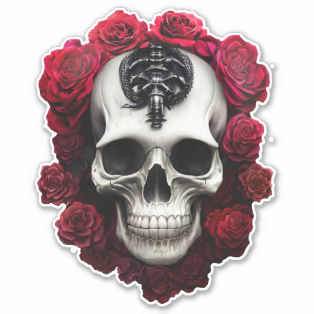Adesivo Caveira escura e gótica e Rosa vinil Sticker (Frente)