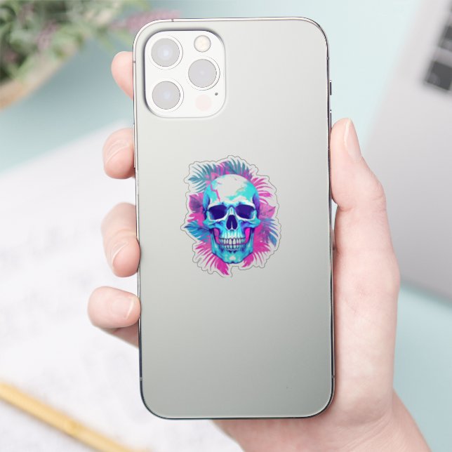 Adesivo Caveira Floral no Estilo Vaporwave (Telefone)