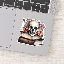 Adesivo Caveira Gótica com Rosas e Livros à Prova d'Água