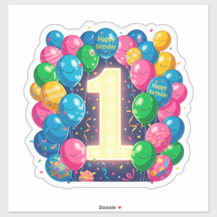Adesivo Celebração Colorida de 1º Aniversário Com Balões