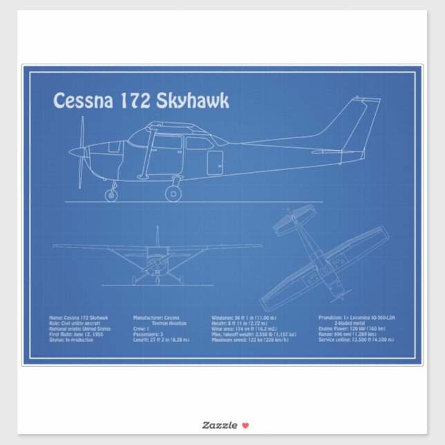 Adesivo Cessna 172 Skyhawk - Planos de Blueprint do Avião  (Folha)