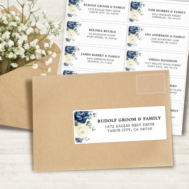 Adesivo Champanhe Azul Dusty Endereço de Convidado para Ca (Dusty Blue Champagne Ivory Wedding Guest Address Sticker)