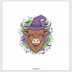 Adesivo Chapéu de Bruxa Cow Highland Halloween Vetor Vinta