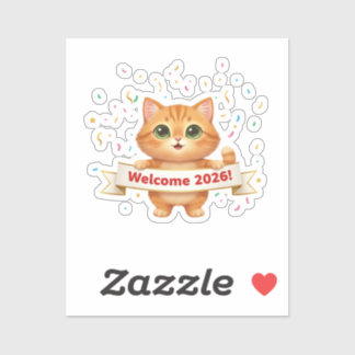 Adesivo Cheerful Cat with New Year Banner Welcome 2026