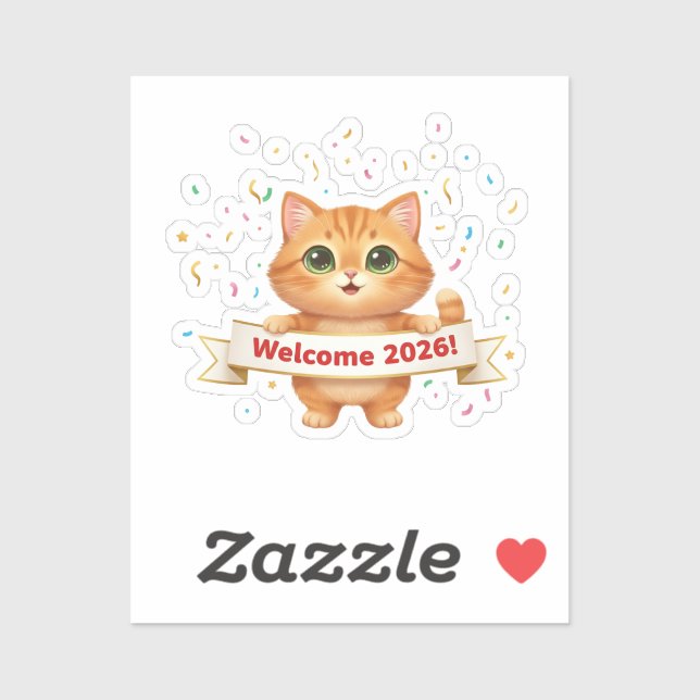 Adesivo Cheerful Cat with New Year Banner Welcome 2026  (Folha)