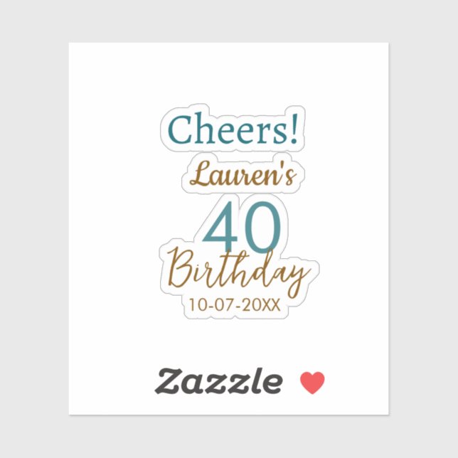 Adesivo Cheers 40th birthday name date brown turquoise sim (Folha)