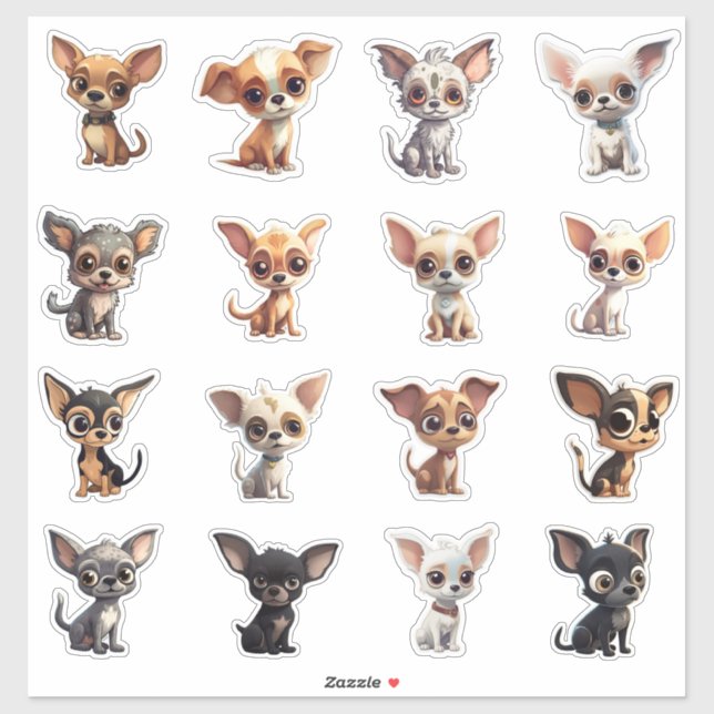 Adesivo Chihuahua Sticker Sheet 16 Dog Cartoon Chihuahuas (Folha)