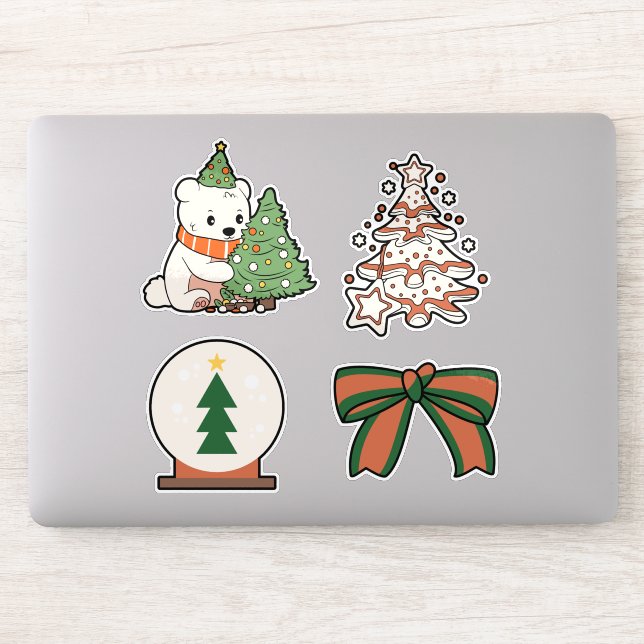 Adesivo Christmas Vinyl Stickers: Cute Bear, Tree, Bow  (Computador)