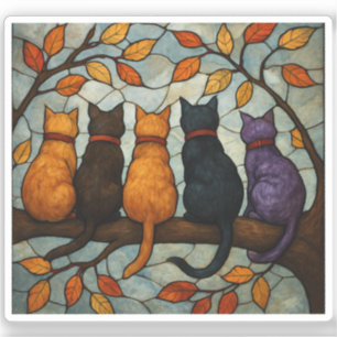 Adesivo Cinco Gatos em um Galho de Árvore Estilo Vidro Col