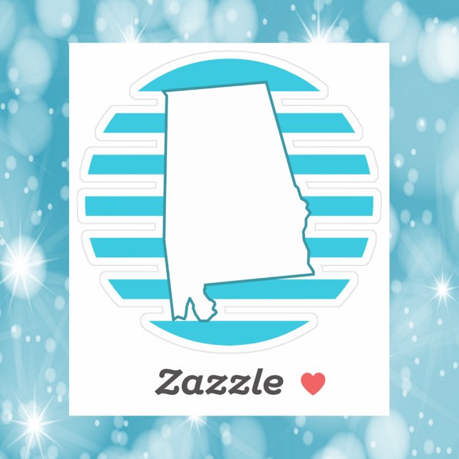 Adesivo Circular Retroativo do Estado do Alabama, EUA (A die cut sticker featuring an outline of Alabama and a blue circle.)