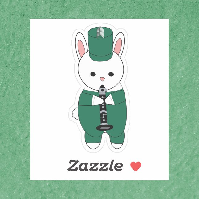 Adesivo Clarinet Bunny Rabbit Marching Banda Verde Branco (A sticker of a rabbit playing the clarinet in a green and white marching band uniform.)