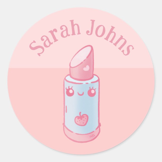 Adesivo clássico redondo rosa Kawaii Lipstick (Frente)