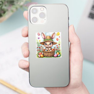 Adesivo Coelhinho da Páscoa em uma Cesta de Ovos Pintados