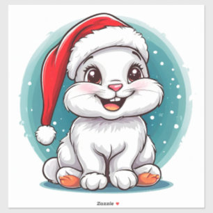 Adesivo Coelho Branco Adorável com Chapéu de Papai Noel