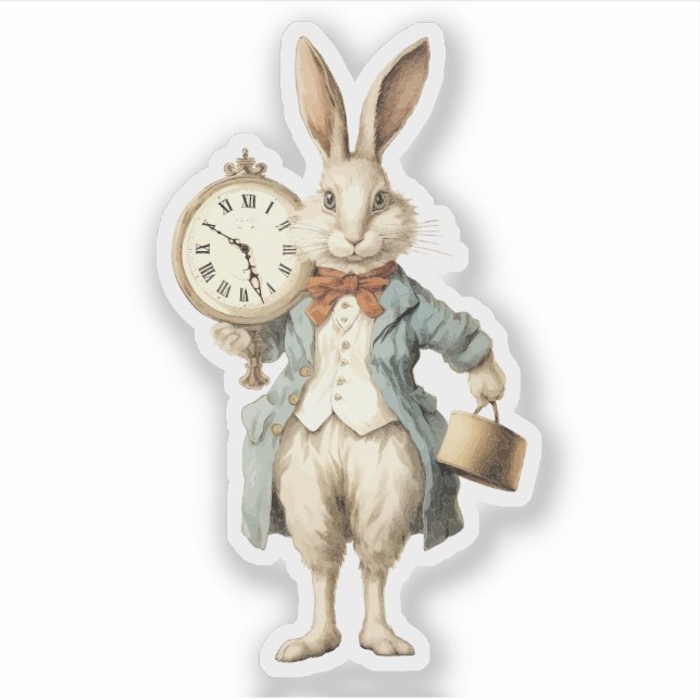 Adesivo Coelho Branco Retro Com Relógio de Bolso (Frente)