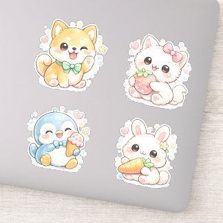 Adesivo Coelho Fofo, Pinguim & Shiba Inu Pastel Kawaii