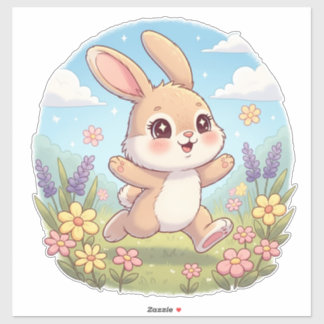 Adesivo Coelho Fofo Saltando em um Campo de Flores