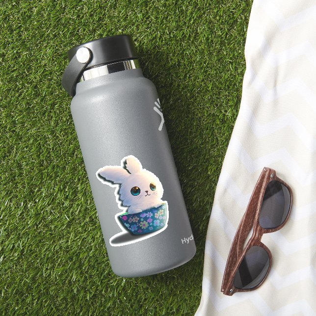 Adesivo coelho kawaii numa tigela decorada com flores (HydroFlask Insitu)